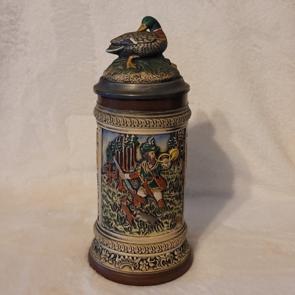 VTG 1980s Gerz German Beer Stein Ceramic Pewter Lid W/ Mallard Duck 9”